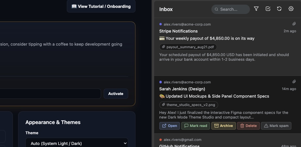 Multi-Inbox Checker Pro Side Panel User Interface displaying unified email list from Gmail and Outlook accounts
