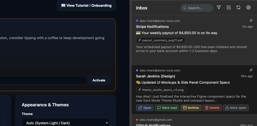 Multi-Inbox Checker Pro Side Panel User Interface displaying unified email list from Gmail and Outlook accounts